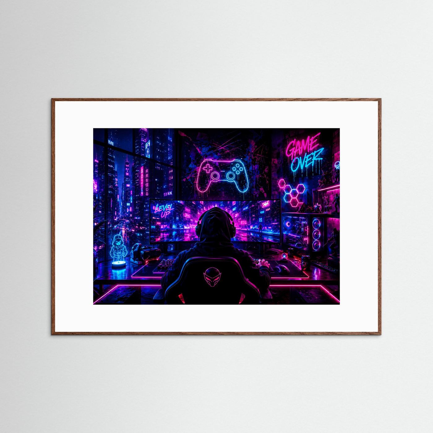 Gaming Setup Poster | Cyberpunk Gamer Zimmer mit Neon RGB Beleuchtung | Futuristische Gaming Wandkunst