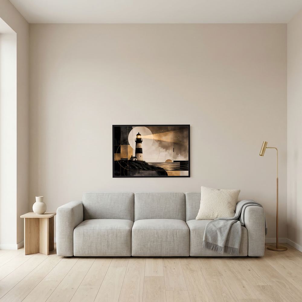 Querformatiges Leuchtturm-Poster in Schwarz, Beige und Gold im schwarzen Rahmen