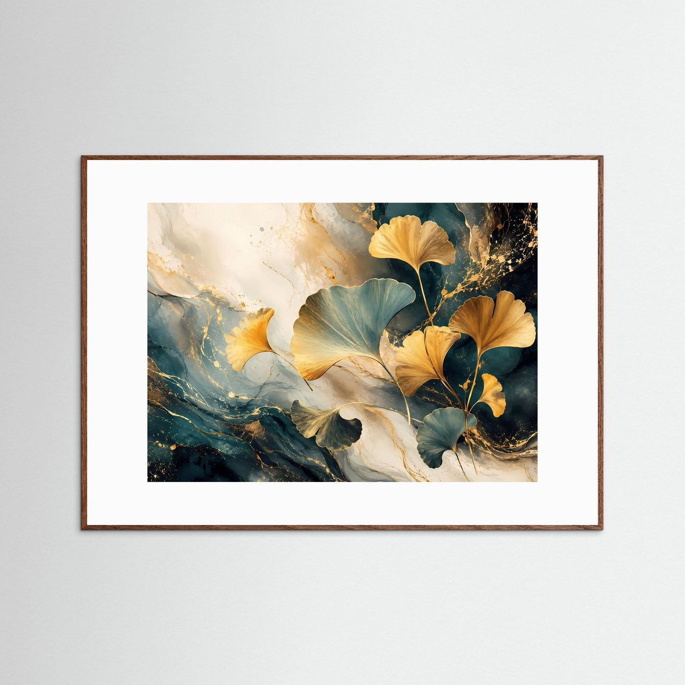 Abstrakte Ginkgo Blätter Gold Blau | Elegantes Botanik Wandbild | Luxus Naturkunst | Modernes Leinwandbild | Premium Poster