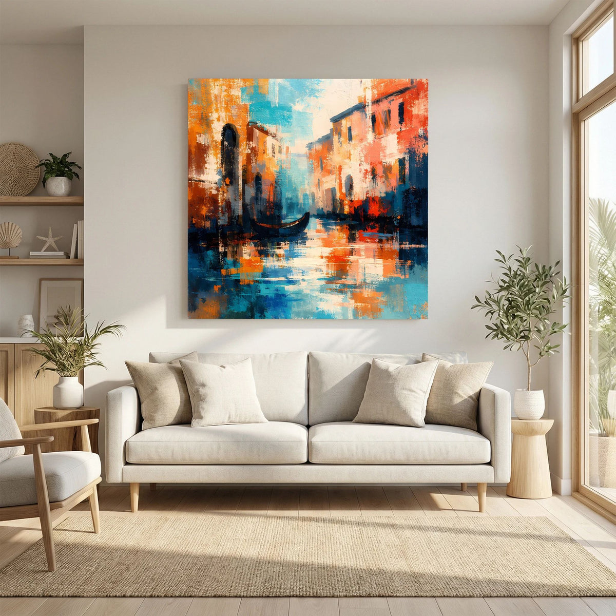 Abstraktes Leinwand-Wandbild mit Gondel im Kanal, orange, blau und rot in Pinselstrichen.