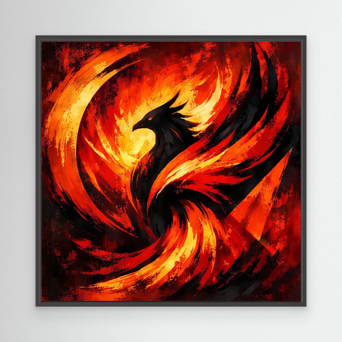 Abstraktes Phönix-Leinwandbild mit Flammenwirbel in Rot und Gelb, mit schwarzem Rahmen