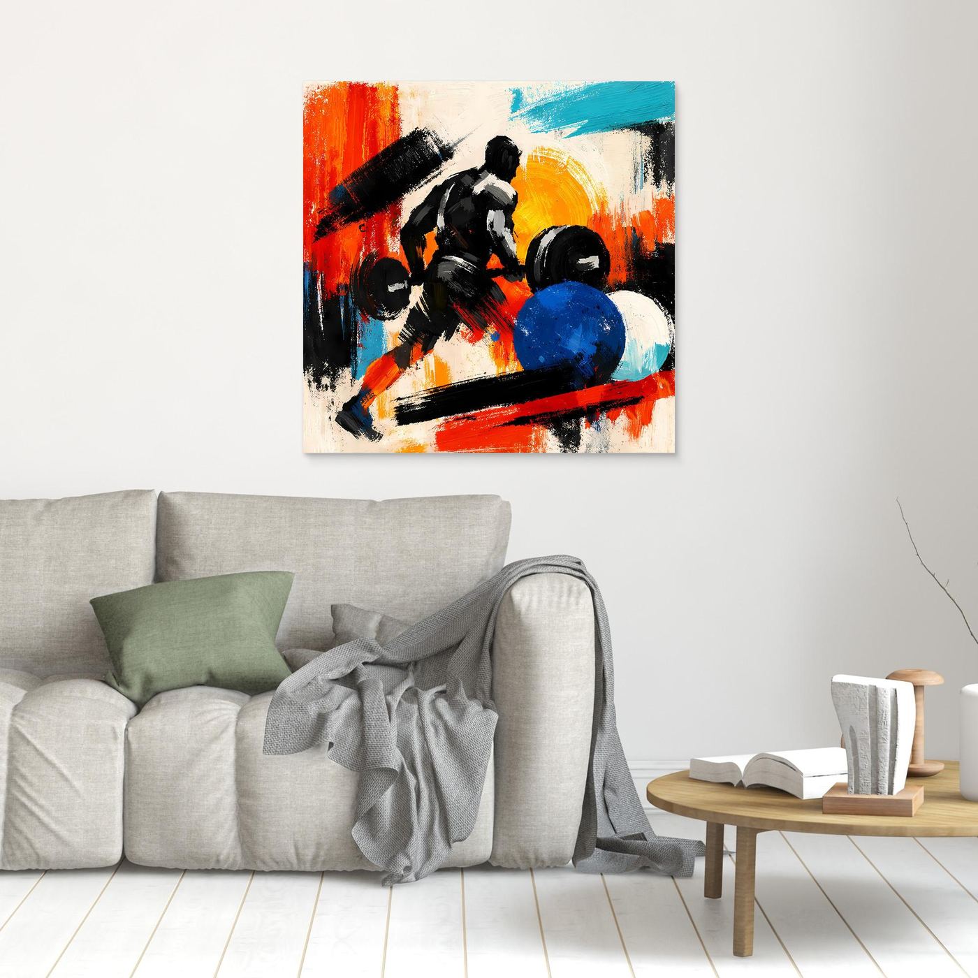 Unframed canvas wall art with an abstract bodybuilder lifting weights in red, blue, black.