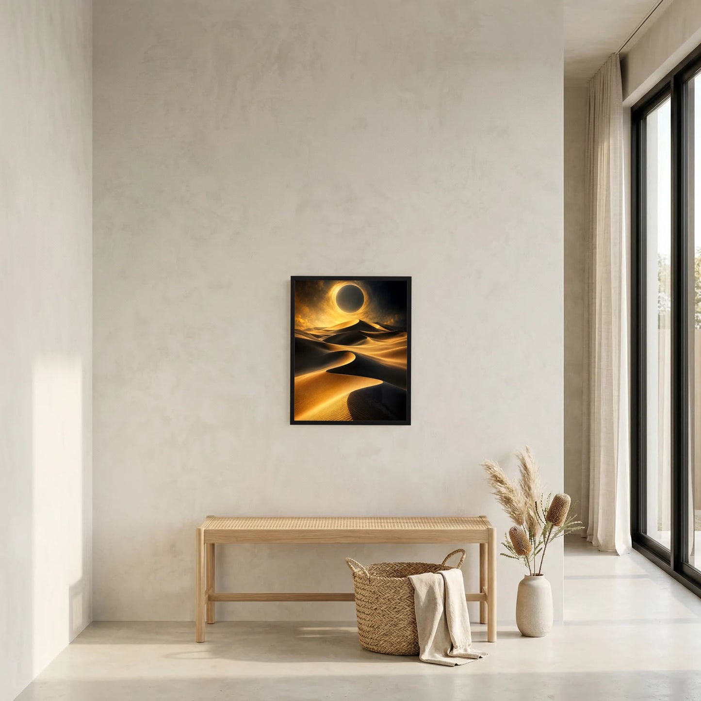 Gerahmtes Wandkunstwerk: goldene Sonnenfinsternis über dunklen Wüstendünen