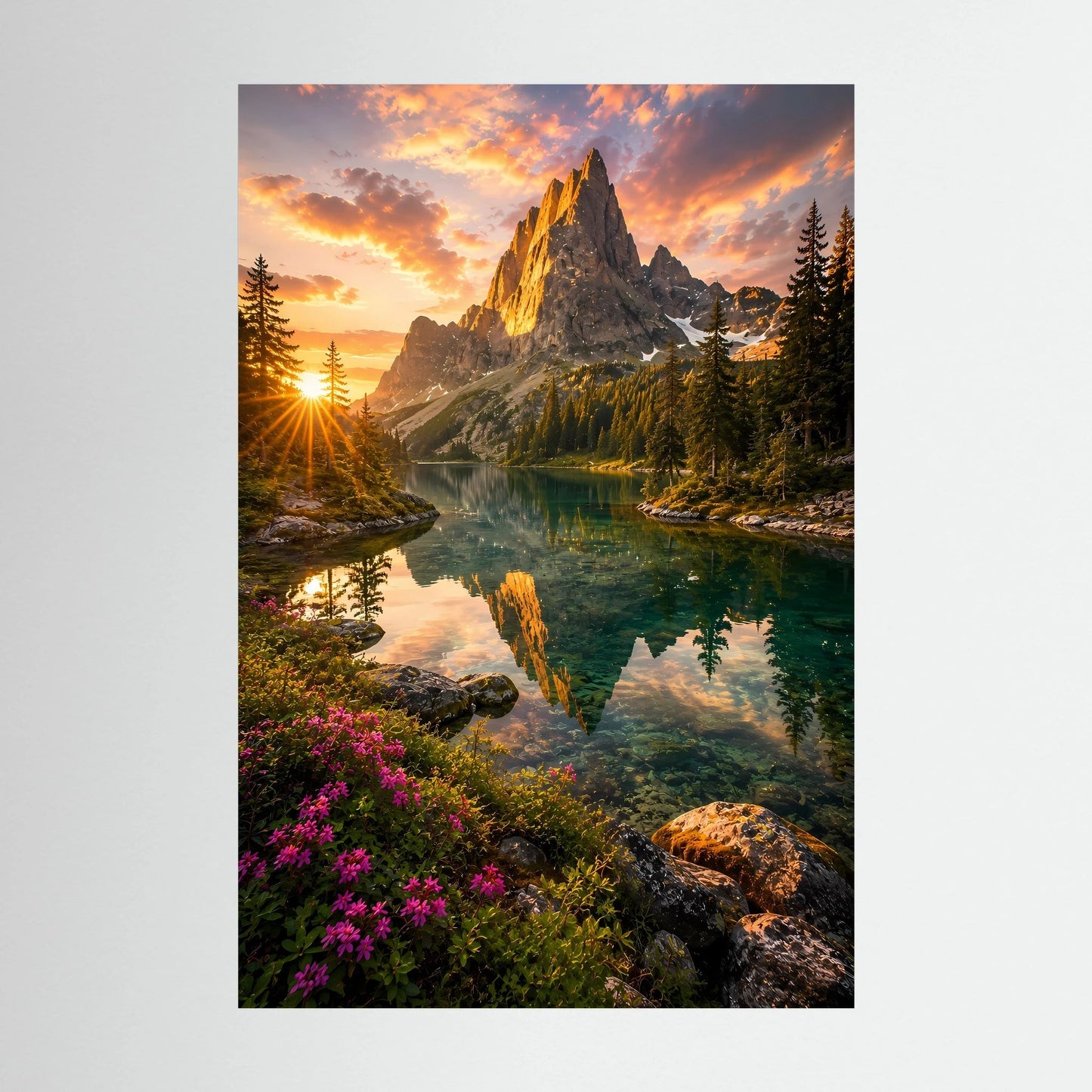 Poster im Hochformat mit Bergsee bei Sonnenuntergang, Felsen, Tannen und Wildblumen
