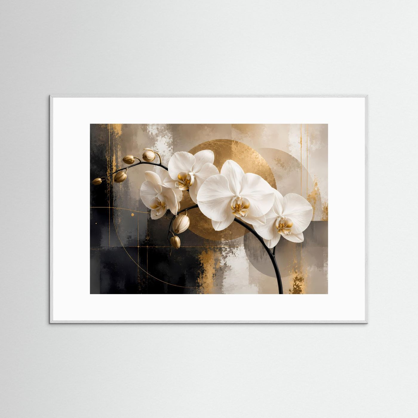 Querformatiges Orchideenposter mit weißen Phalaenopsis, goldenen Akzenten und grauem Rahmen