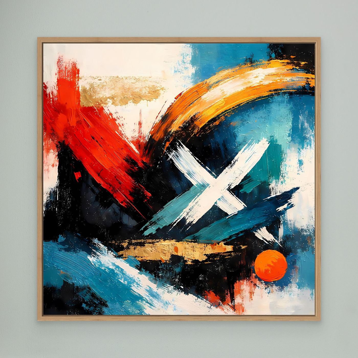 Abstraktes Leinwandbild mit hellem Holzrahmen: rote, blaue & schwarze Pinselstriche, weißes X.
