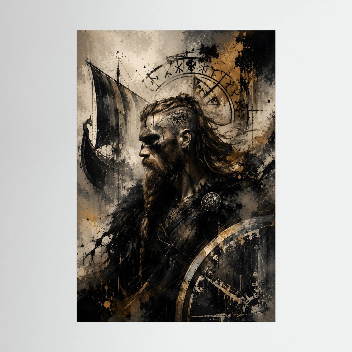 Hochformatiges Kunstposter: Wikingerkrieger im Profil, Runenkreis und Langschiff-Silhouette.