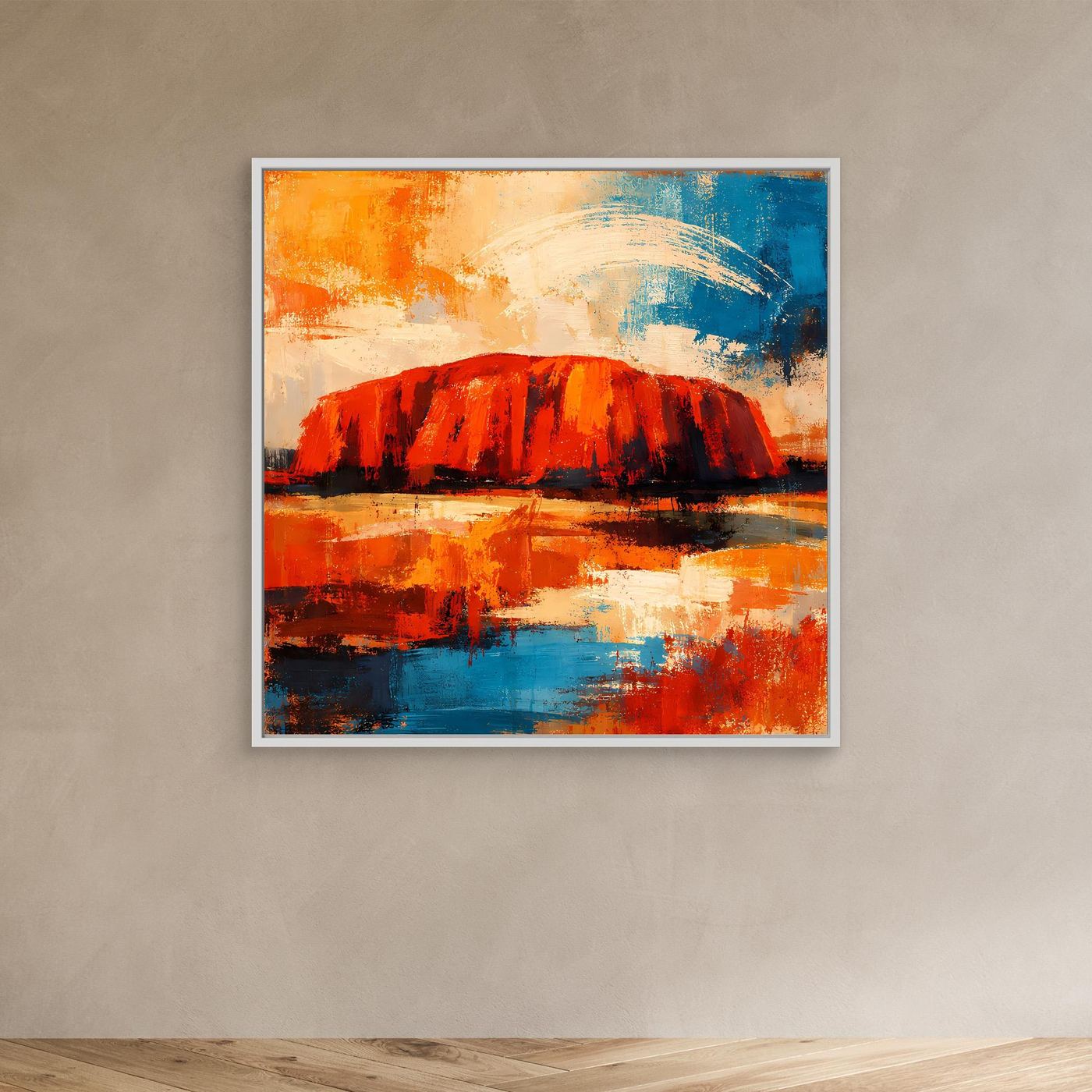 Leinwand-Wandbild mit Uluru-Fels im weißen Rahmen, kräftiges Rot, Orange und Blau.