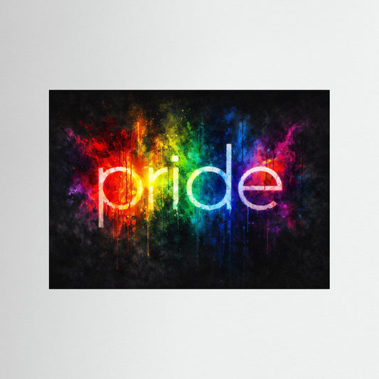 Wandbild mit Regenbogen-Schriftzug „pride“ mit schwarzem Rand