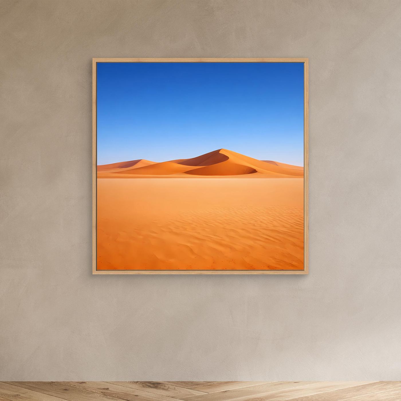 Leinwandbild mit Sanddünen in Orange und Blau, Eichenrahmen