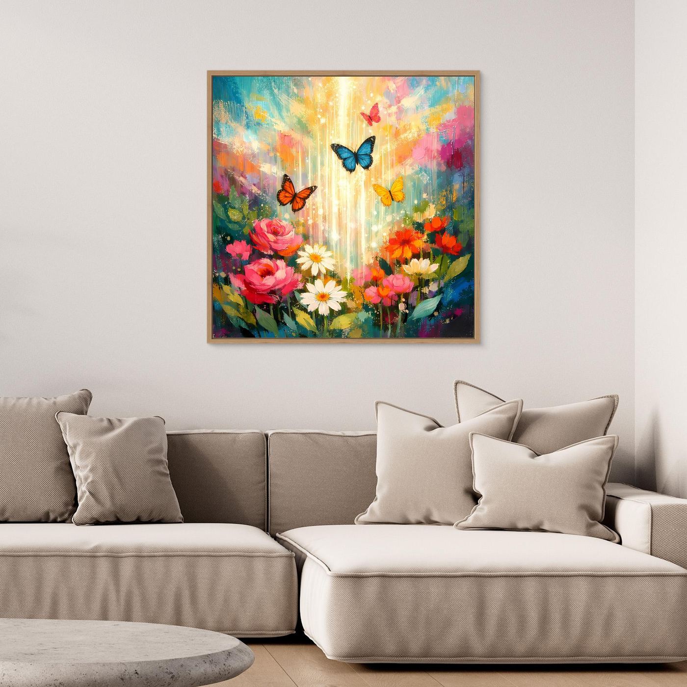 Wandbild mit bunten Blumen und Schmetterlingen im goldfarbenen Rahmen