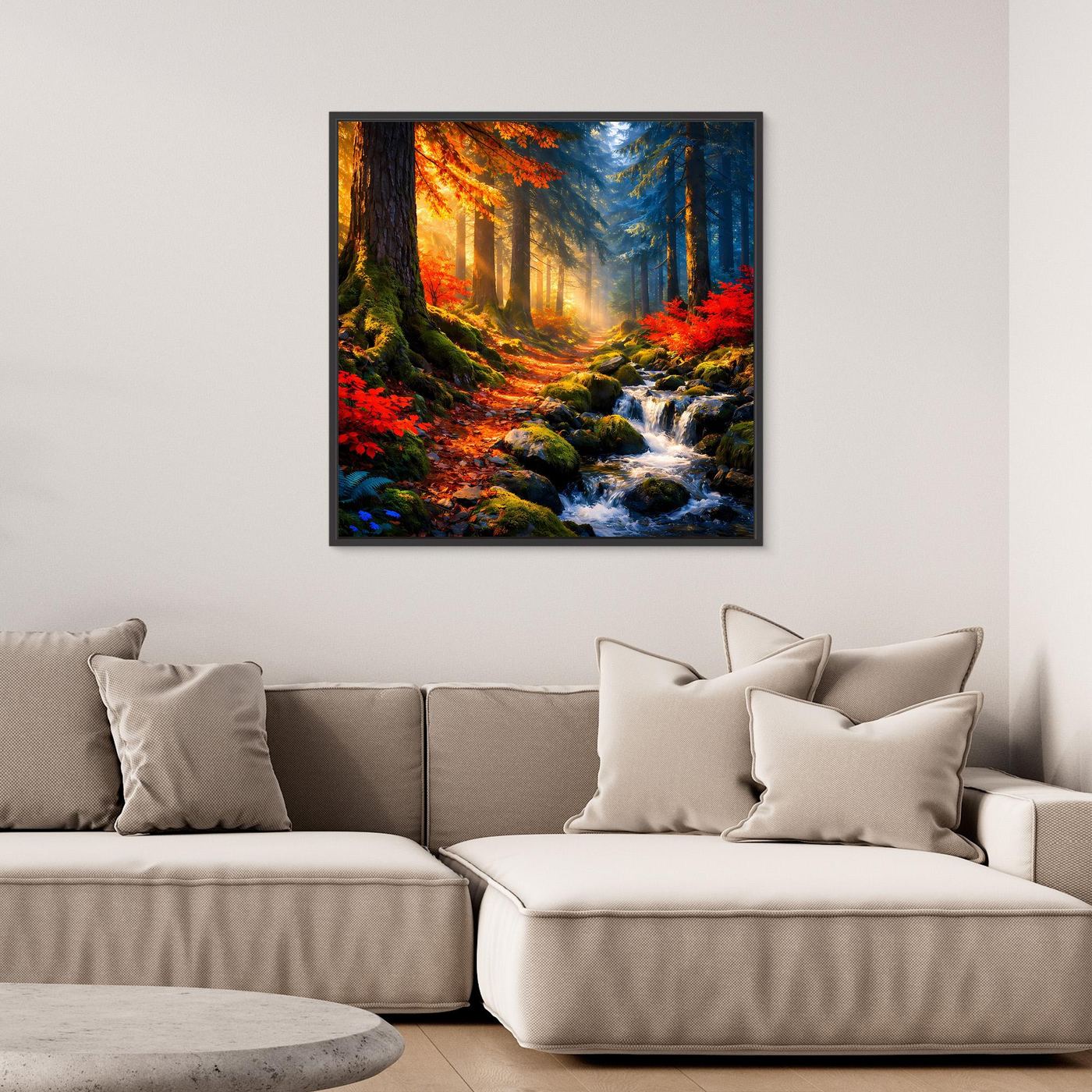 Wandbild Wald am Bachlauf im goldenen Herbst mit schwarzem Rahmen, leuchtende Farben