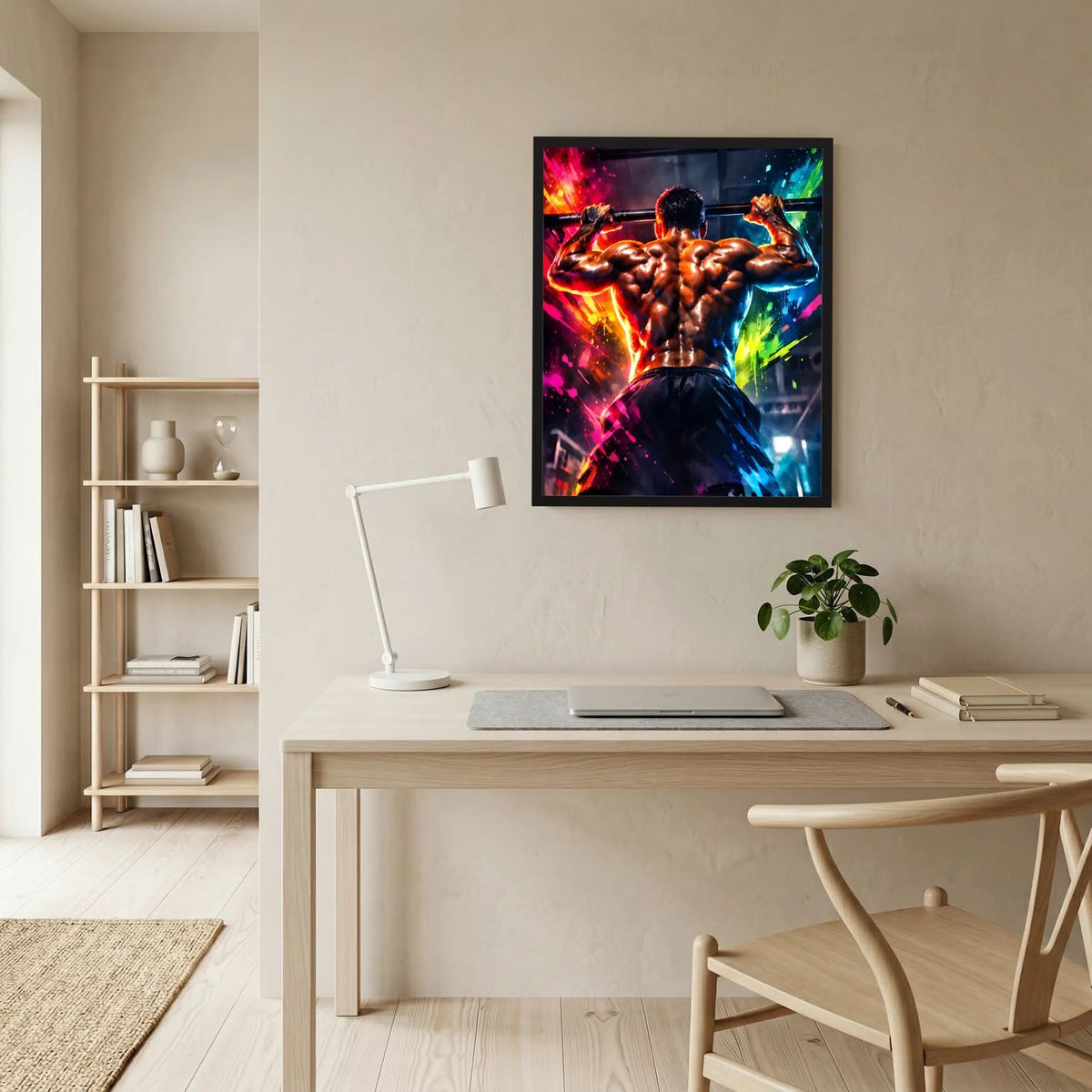 Fitness-Wandbild mit Bodybuilder beim Klimmzug, Neon-Sprayeffekt, schwarz gerahmt