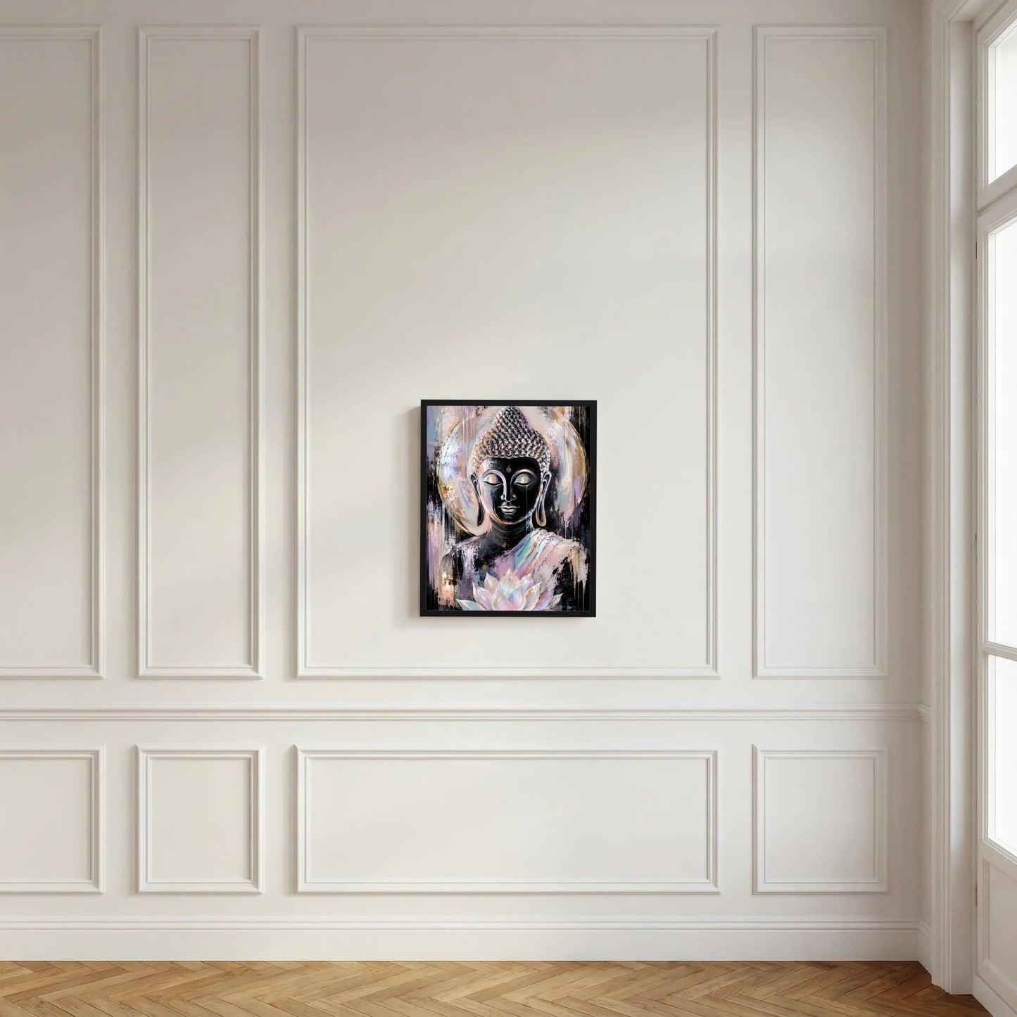 Buddha-Kunstposter mit Lotusblüte im schwarzen Rahmen vor weißer Wand.