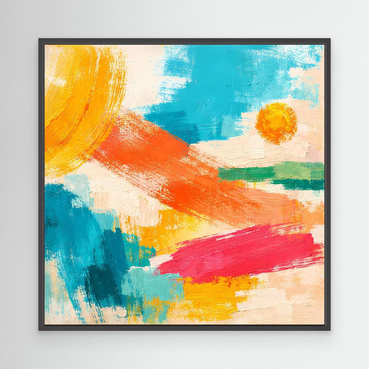 Abstract canvas wall art with orange, teal, blue, yellow, and red brushstrokes; black frame.