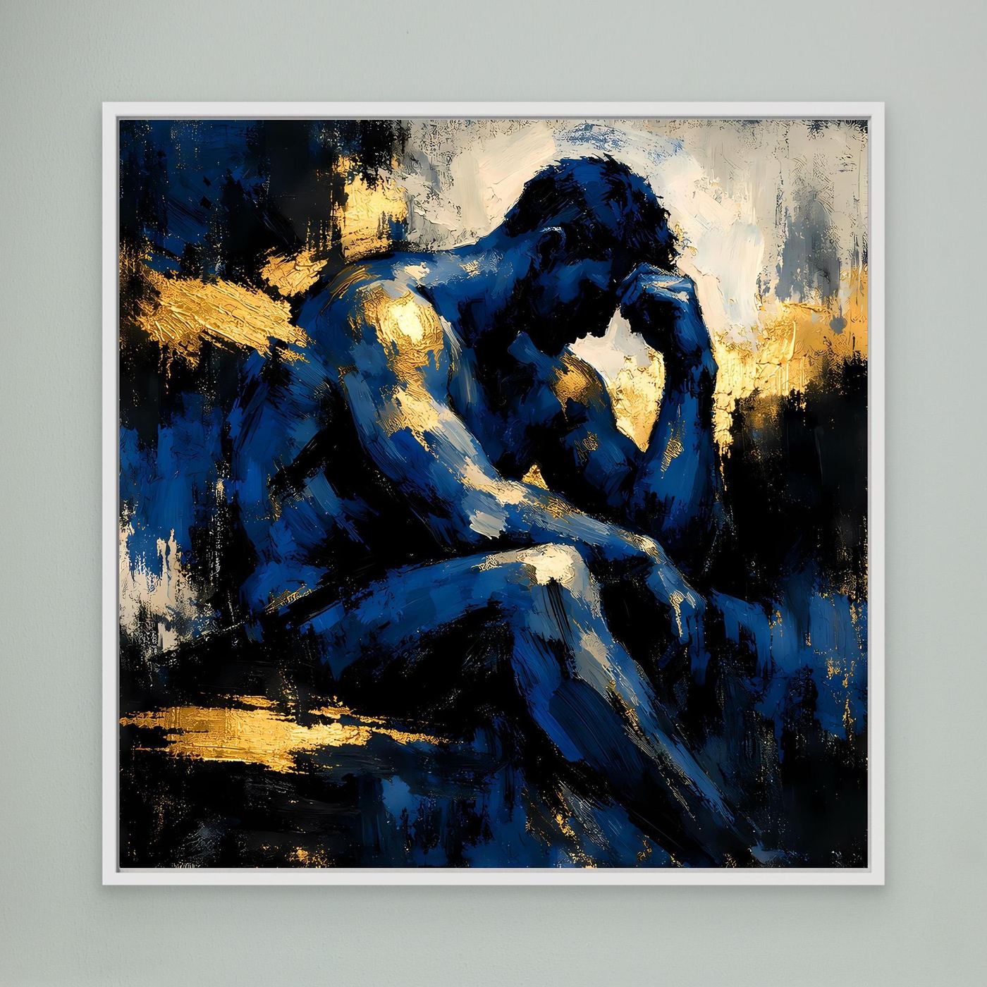Leinwand Der Denker in Blau | Abstraktes Männersilhouette Wandbild Gold