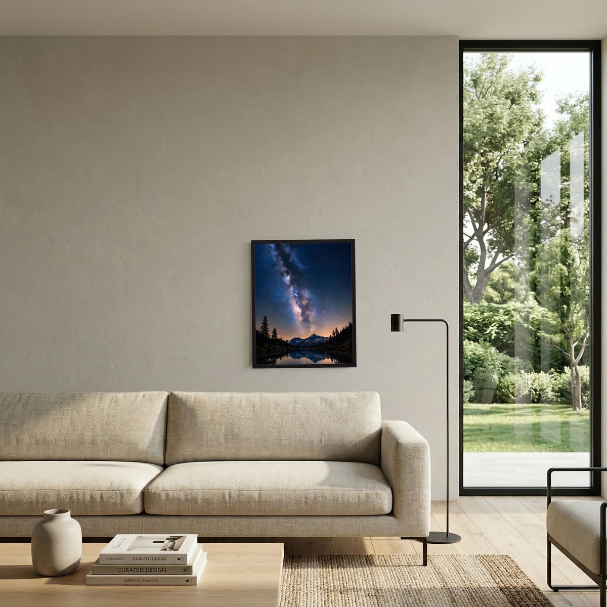 Wandposter im schwarzen Rahmen über Sofa, Milchstraße über Bergsee vor großem Fenster