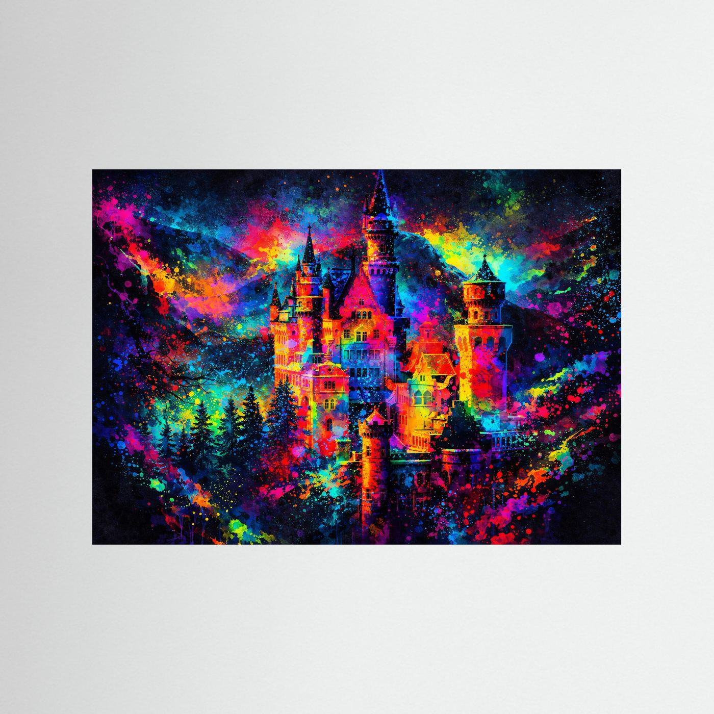 Farbenfrohes Märchenschloss im Farbrausch | Modernes Schloss Poster Querformat