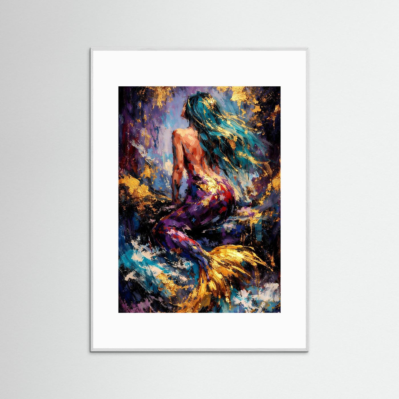 Meerjungfrau-Poster, abstrakt in Türkis/Violett, weißes Passepartout im Hochformat