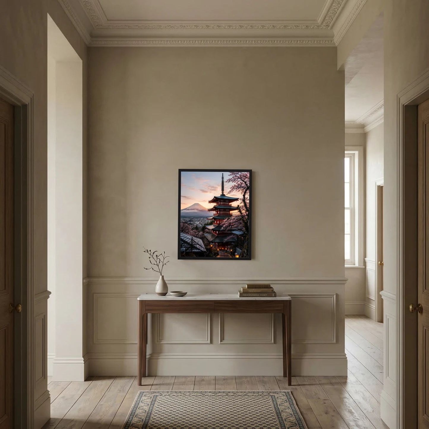 Gerahmtes Wandbild im Hochformat mit Pagode, Kirschblüten und Fuji in der Abenddämmerung