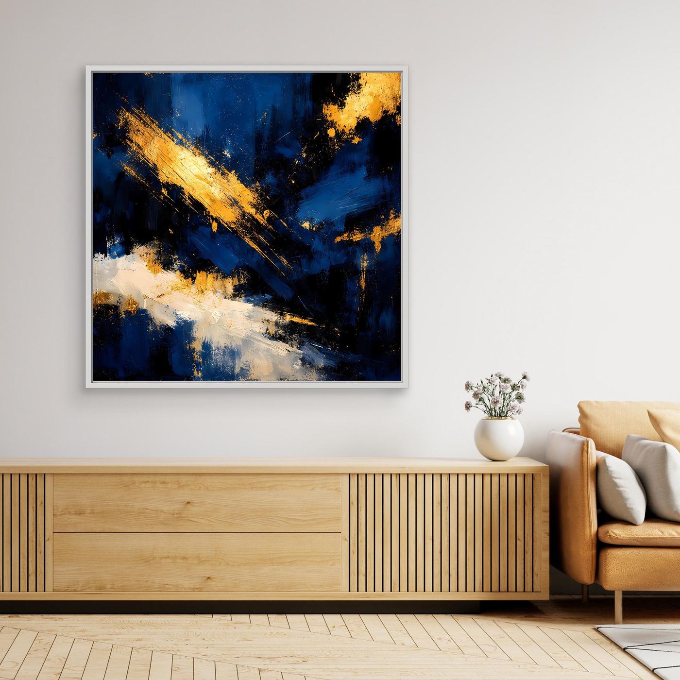 Leinwand Abstraktes Universum in Dunkelblau und Gold | Modernes Expressionistisches Wandbild