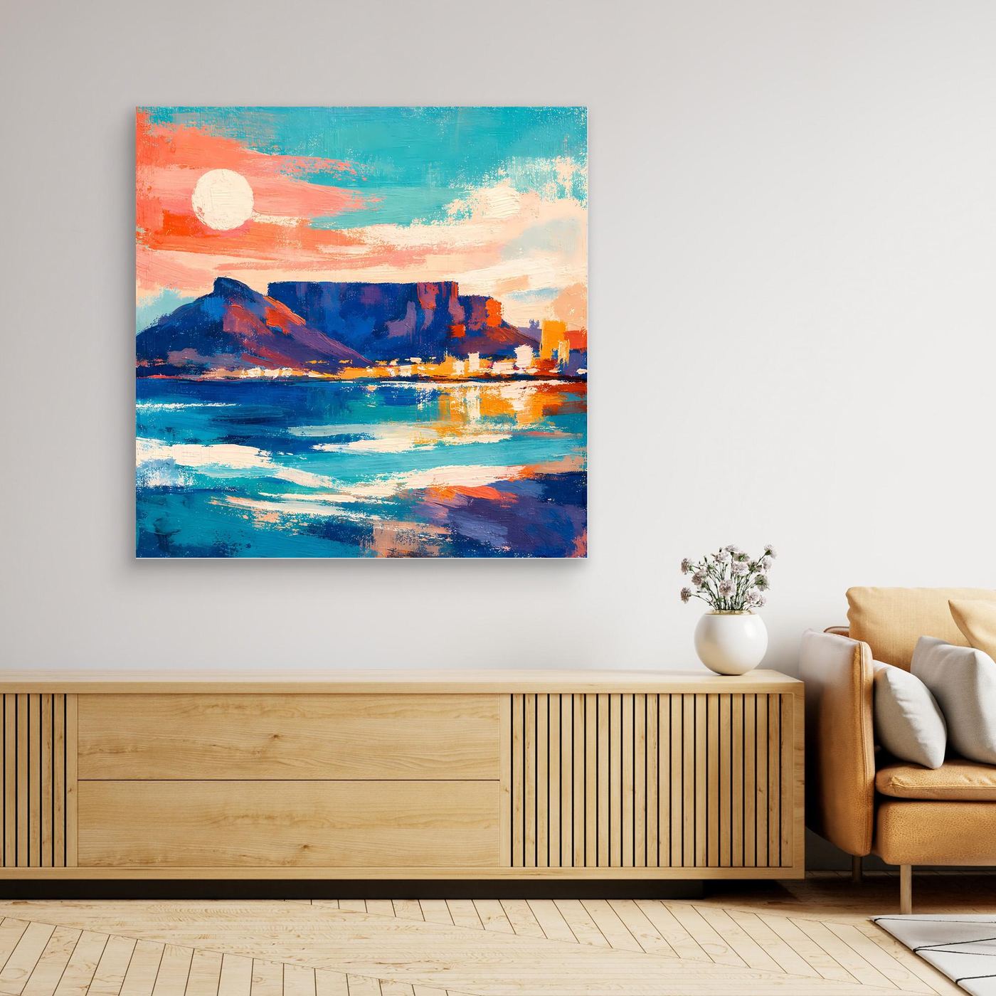 Abstraktes Leinwandbild mit Küstenstadt, Sonnenmotiv und blauem Meer, Holzrahmen