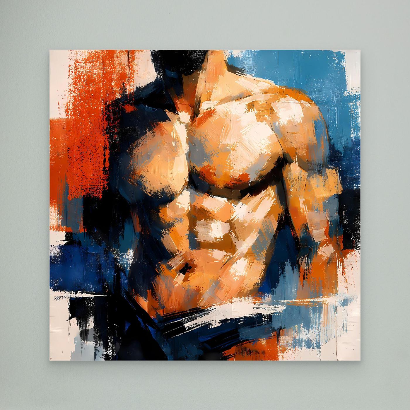Athletic male torso canvas wall art, blue orange and black abstract brush strokes