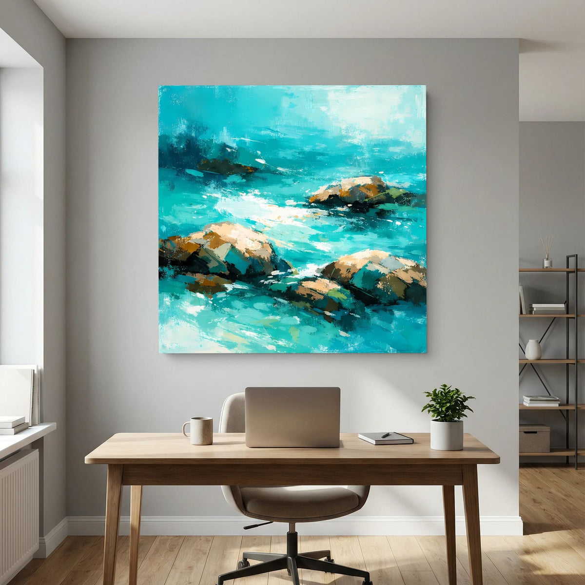 Leinwand-Wandbild mit Meeresabstraktion in Türkis, Felsen am Strand