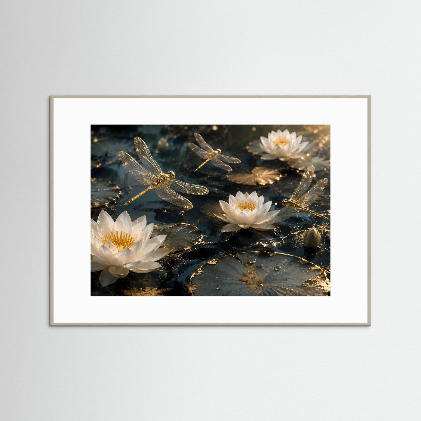 Weiße Lotusblüten Poster | Goldene Libellen über Seerosen | Elegantes Zen Wandbild | Luxuriöse Botanische Wandkunst | Premium Wall Art