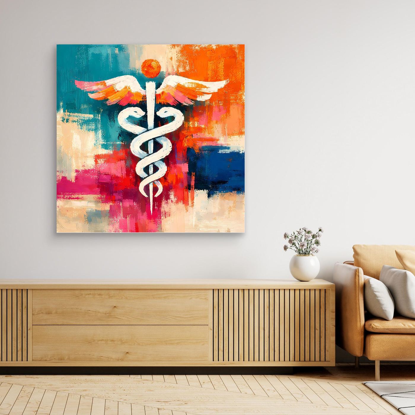 Large wall canvas with white winged medical staff over colorful abstract paint blocks
