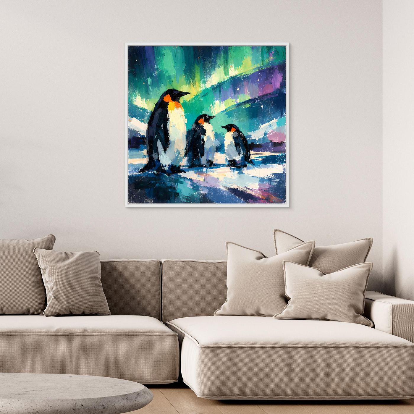 Leinwand Majestätische Pinguine unter Polarlichtern | Abstraktes Antarktis & Nordlicht Wandbild