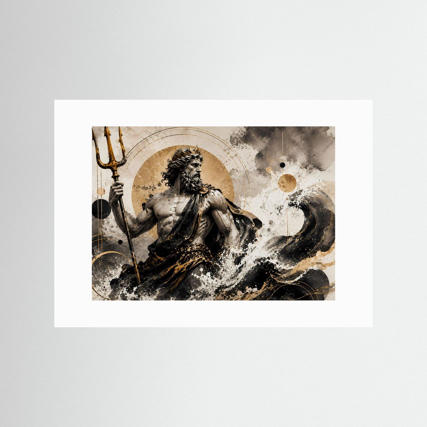 Unterschiedliches Passepartout: Poseidon-Poster im Querformat, Dreizack und Wellen