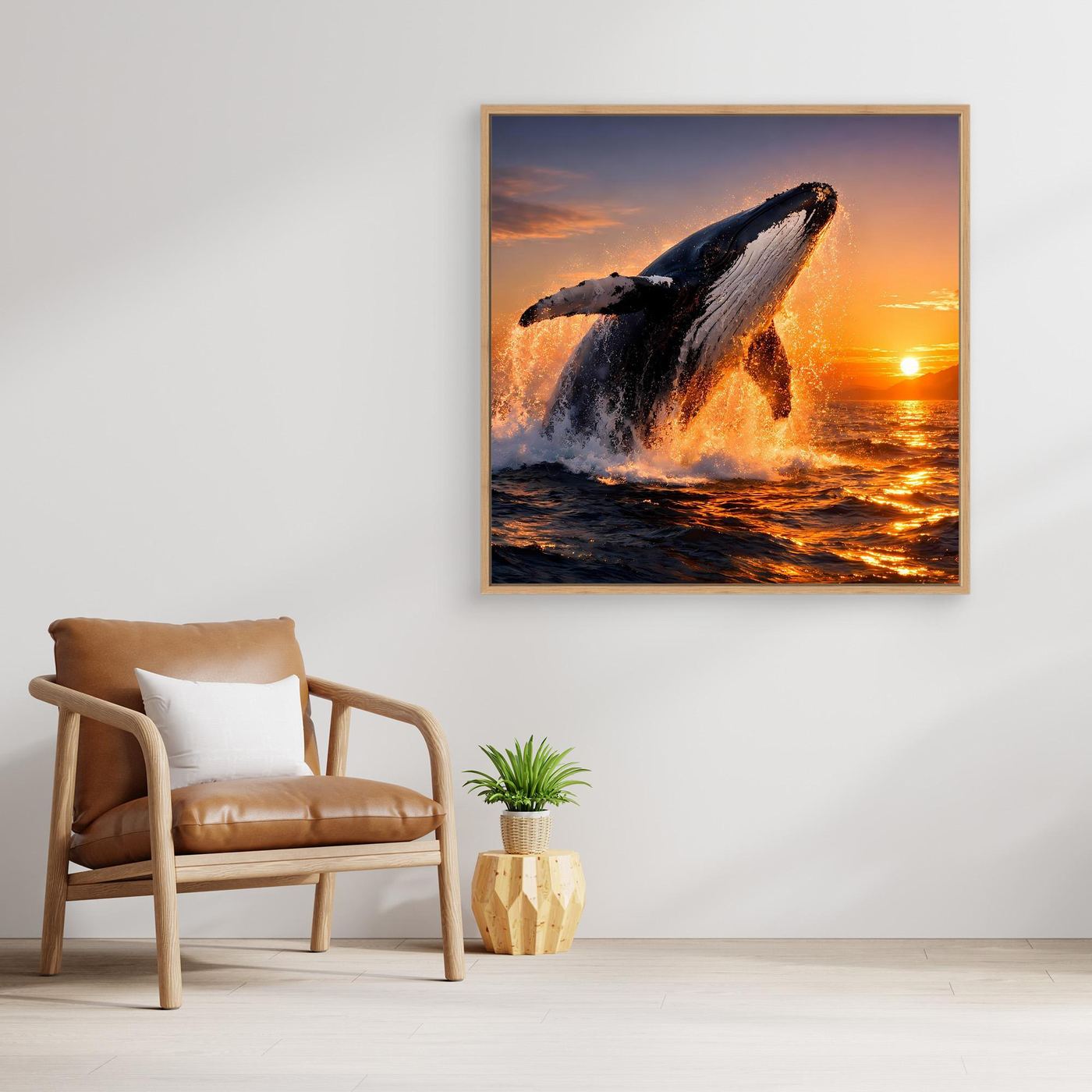 Leinwandbild mit springendem Buckelwal, goldbraun gerahmt, Sonnenuntergang über See