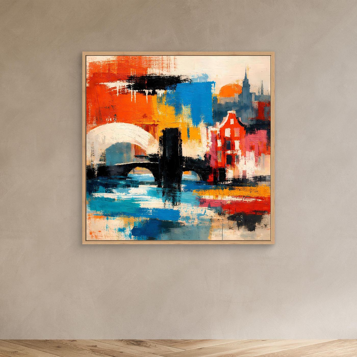 Leinwand-Wandbild mit abstrakter Brücken- und Stadtform in Rot, Blau und Gelb, Eichenrahmen