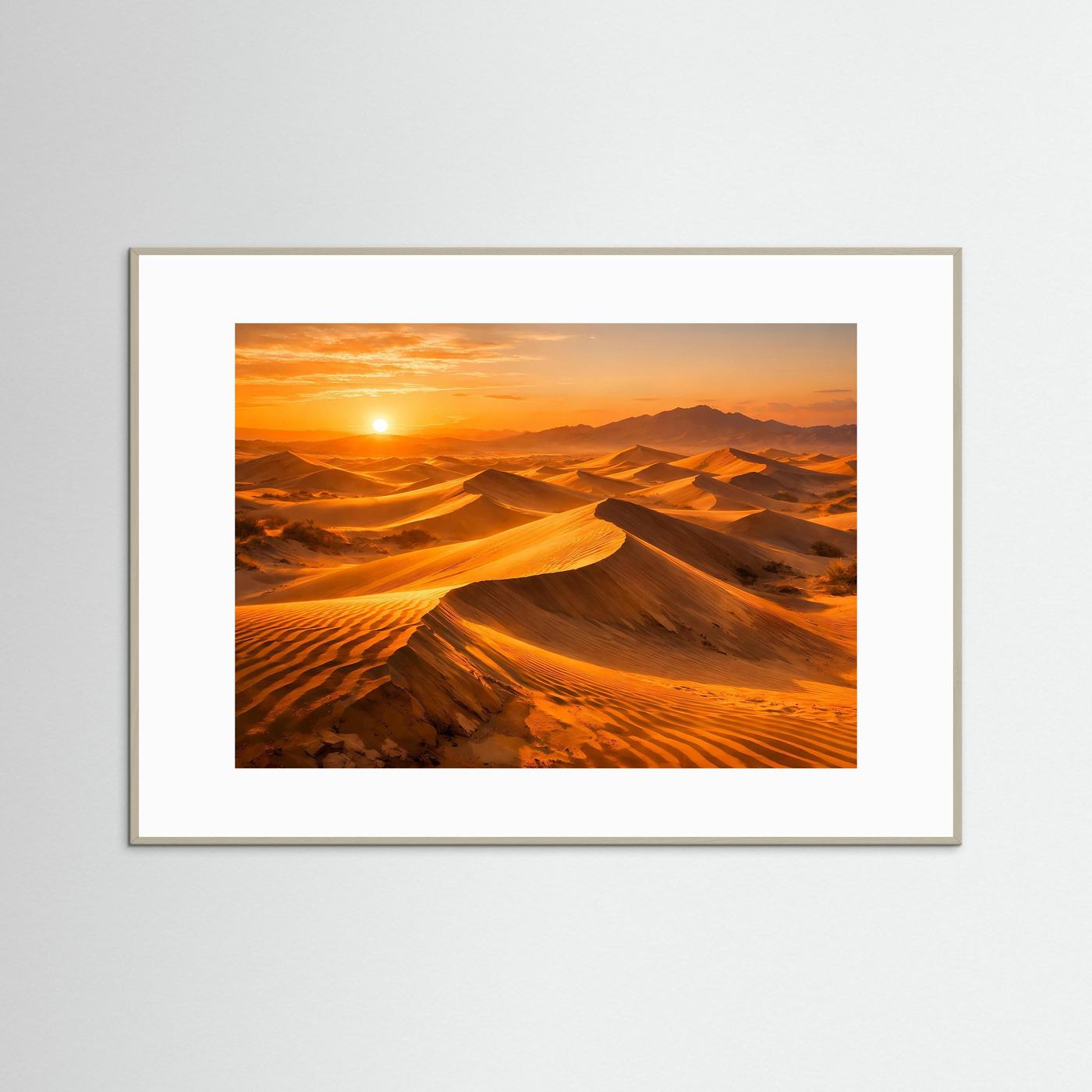 Wandbild-Poster mit Wüstenlandschaft im Abendlicht, helle weiße Einfassung