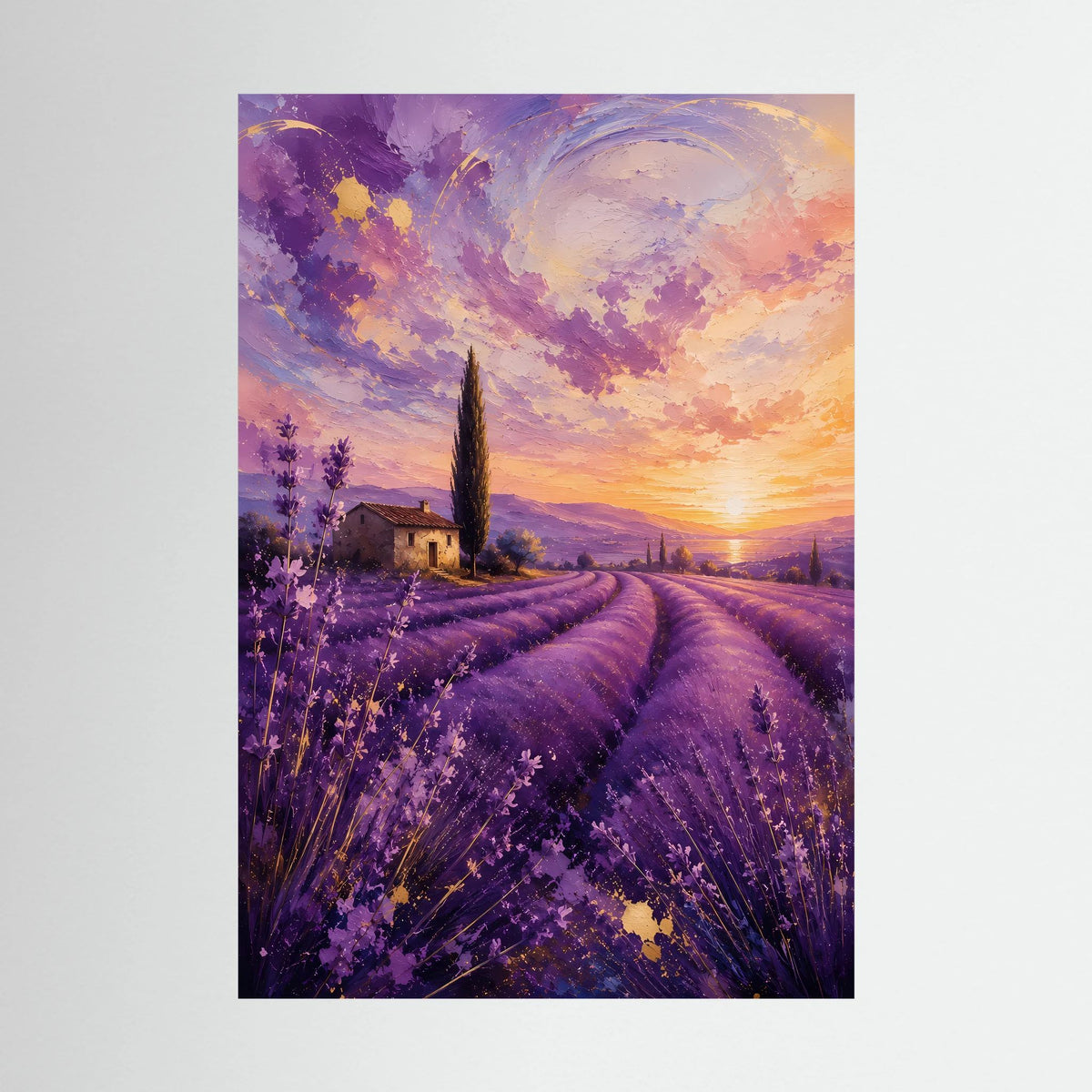 Hochformatiges Poster mit Lavendelfeld und Sonnenuntergang in violettem Farbverlauf.