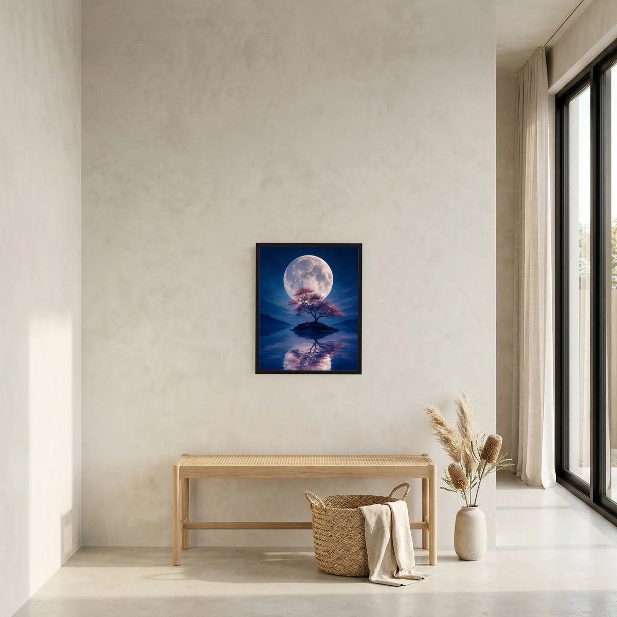Wandbild-Poster im schwarzen Rahmen: Vollmond über See mit rosa Baum und Spiegelung