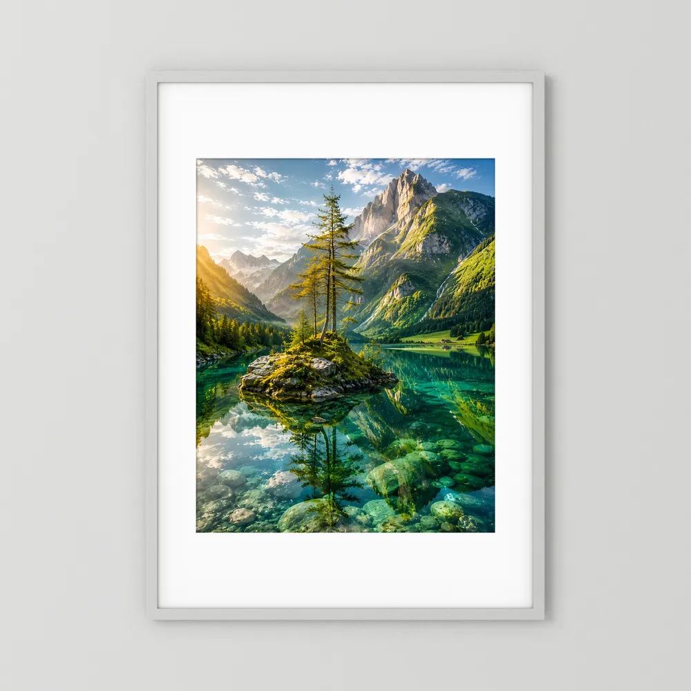 Hochformatiges Poster mit weißem Rahmen und Passepartout: Alpensee mit Bauminsel.