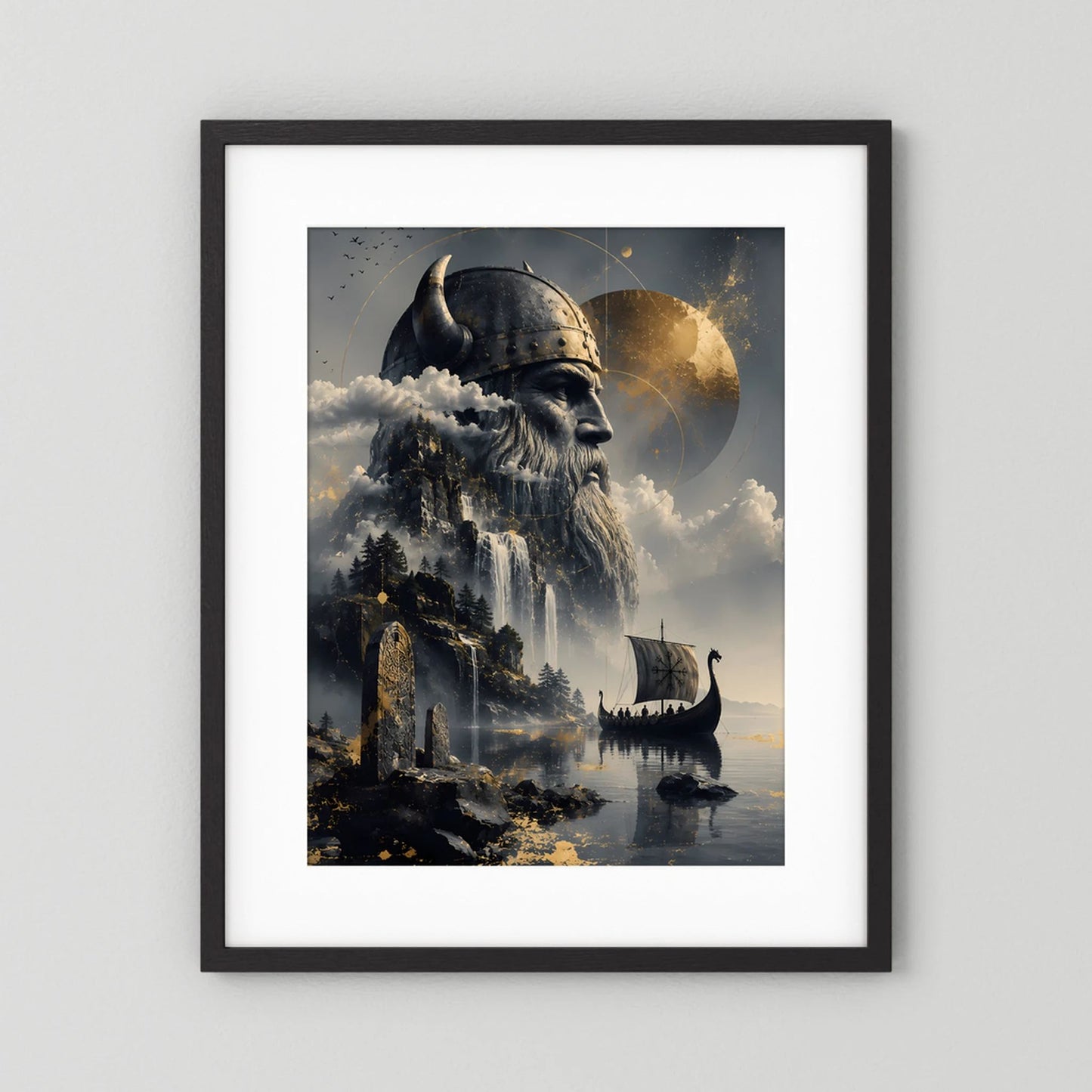 Hochformatiges Poster im schwarzen Rahmen mit weißem Passepartout: Wikingerkrieger und Fjord
