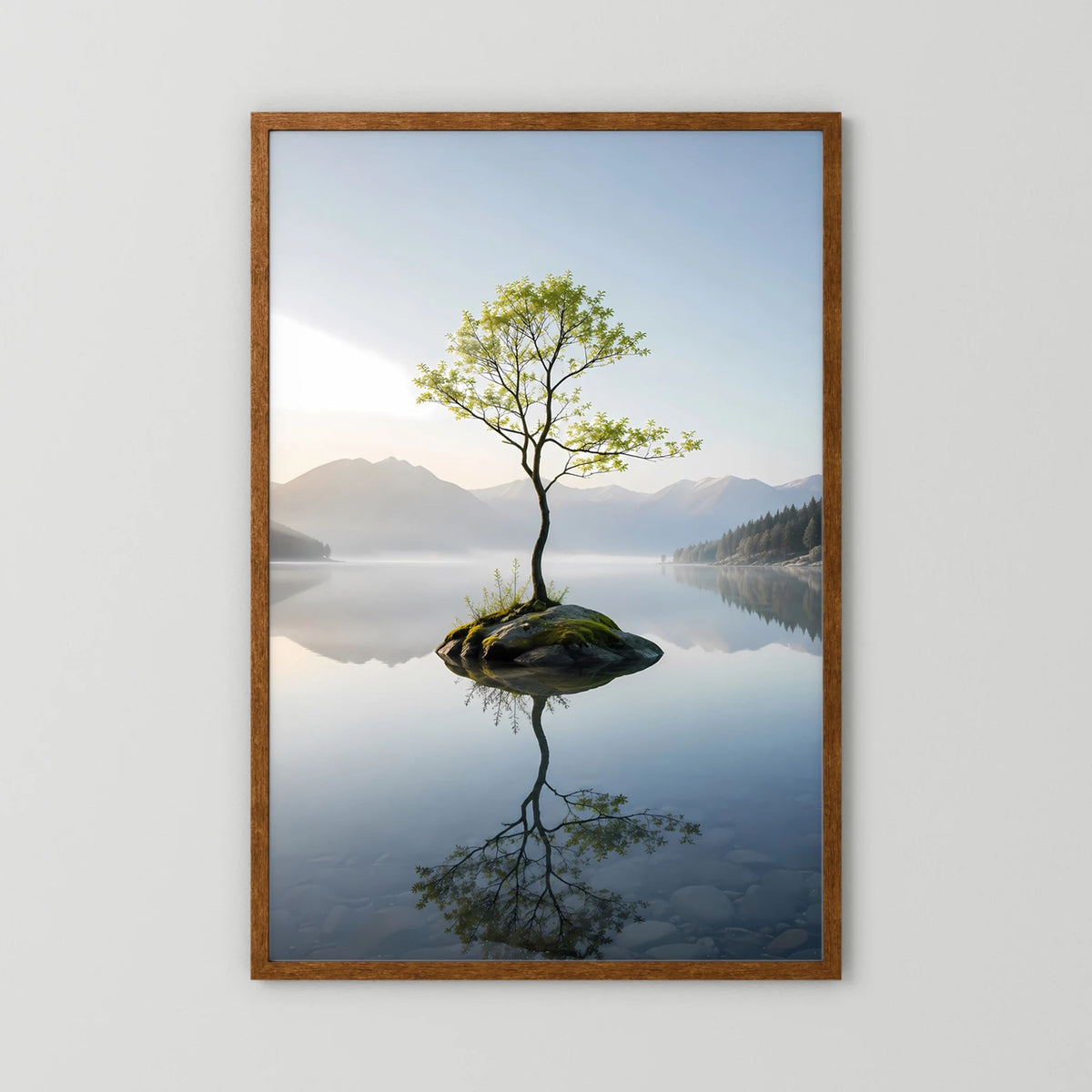 Hochformatiges Poster: Baum mit grüner Krone über dem See, brauner Rahmen