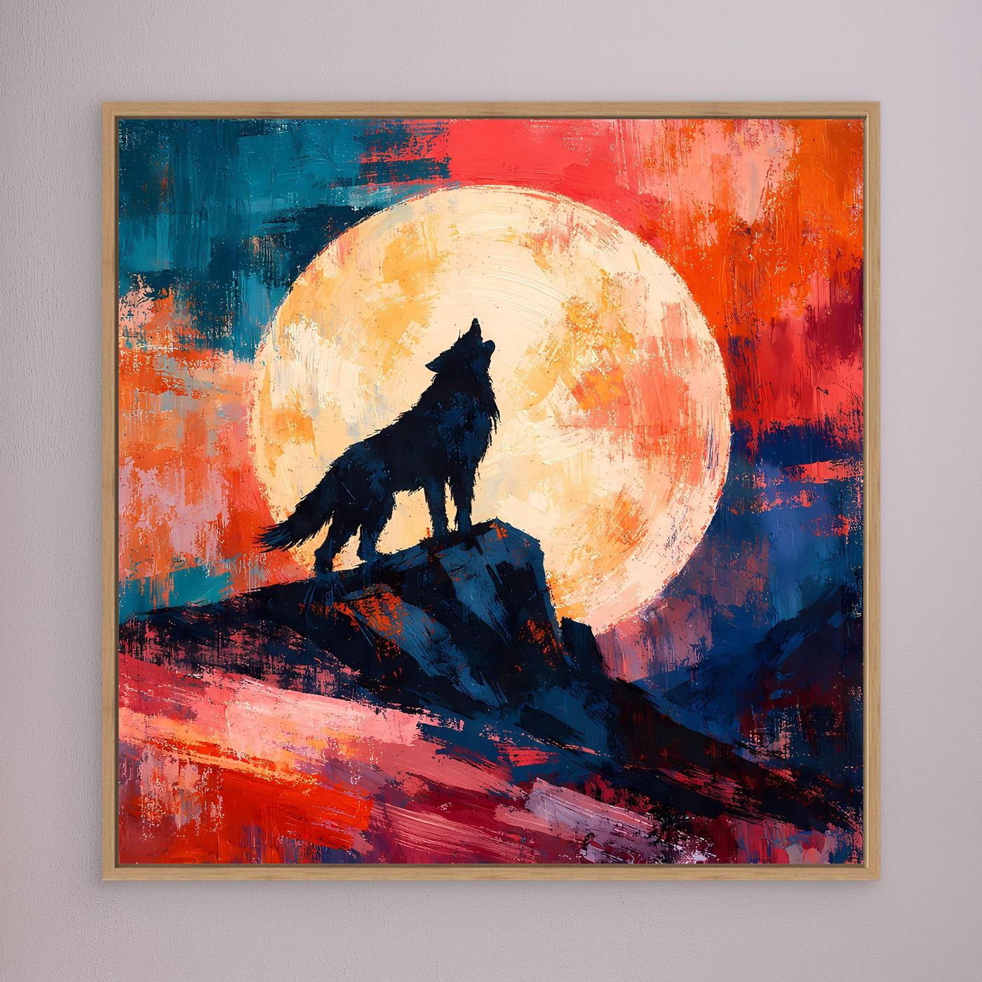 Leinwand Abstraktes Wolf Gemälde | Modernes Mystisches Wandbild Heulender Wolf Vollmond