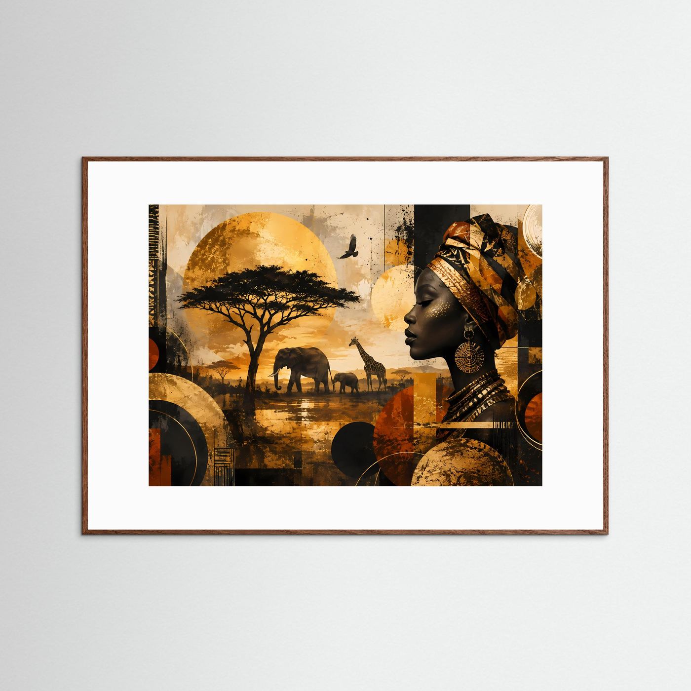 Safari-Poster Querformat: Frau im Profil mit Wildtier-Silhouetten, goldene Szene, braun gerahmt