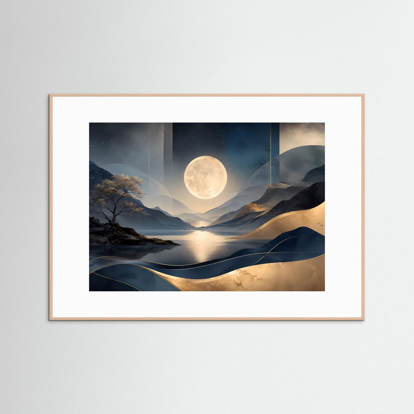 Gerahmtes Querformat-Poster mit Mond über Berglandschaft in Blau und Gold, weißer Einfassung