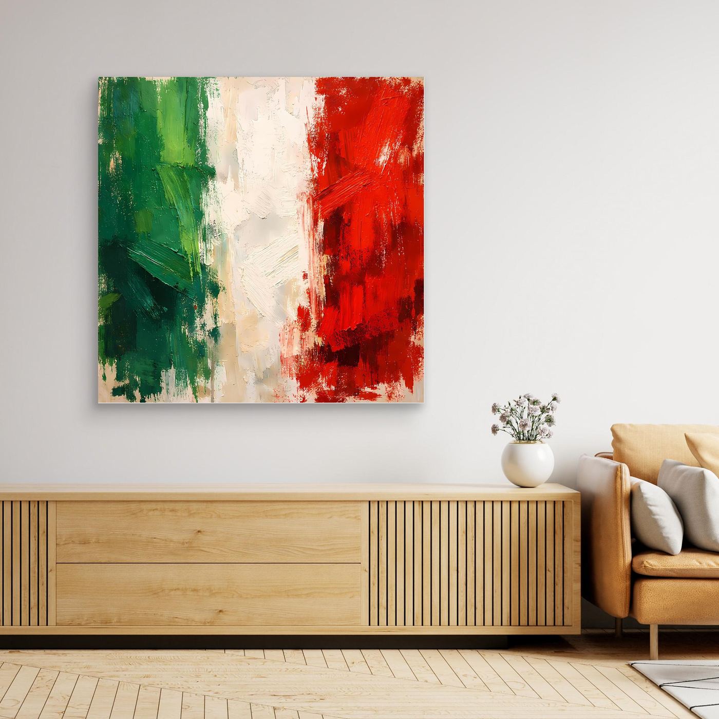 Black framed abstract wall canvas with green, white and red brush strokes