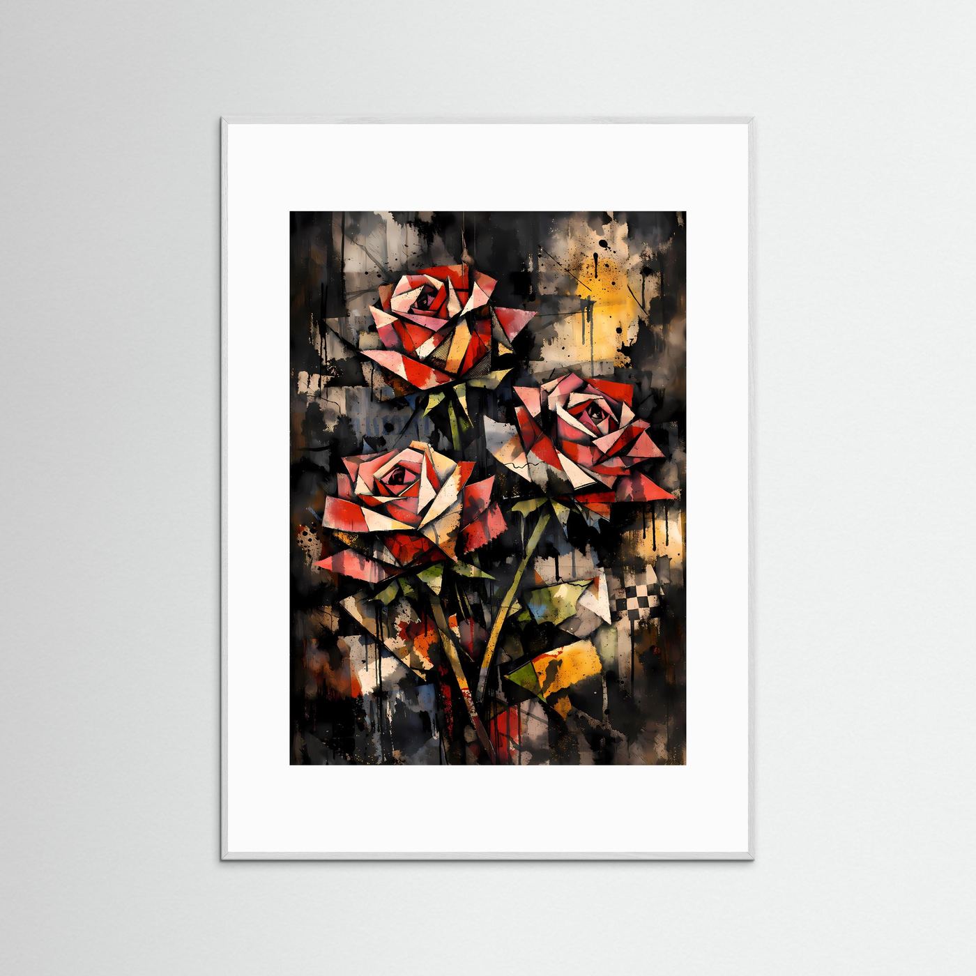 Geometrische Eleganz | Rote Rosen Poster im kubistischen & abstrakten Kunststil | Kunstposter Hochformat