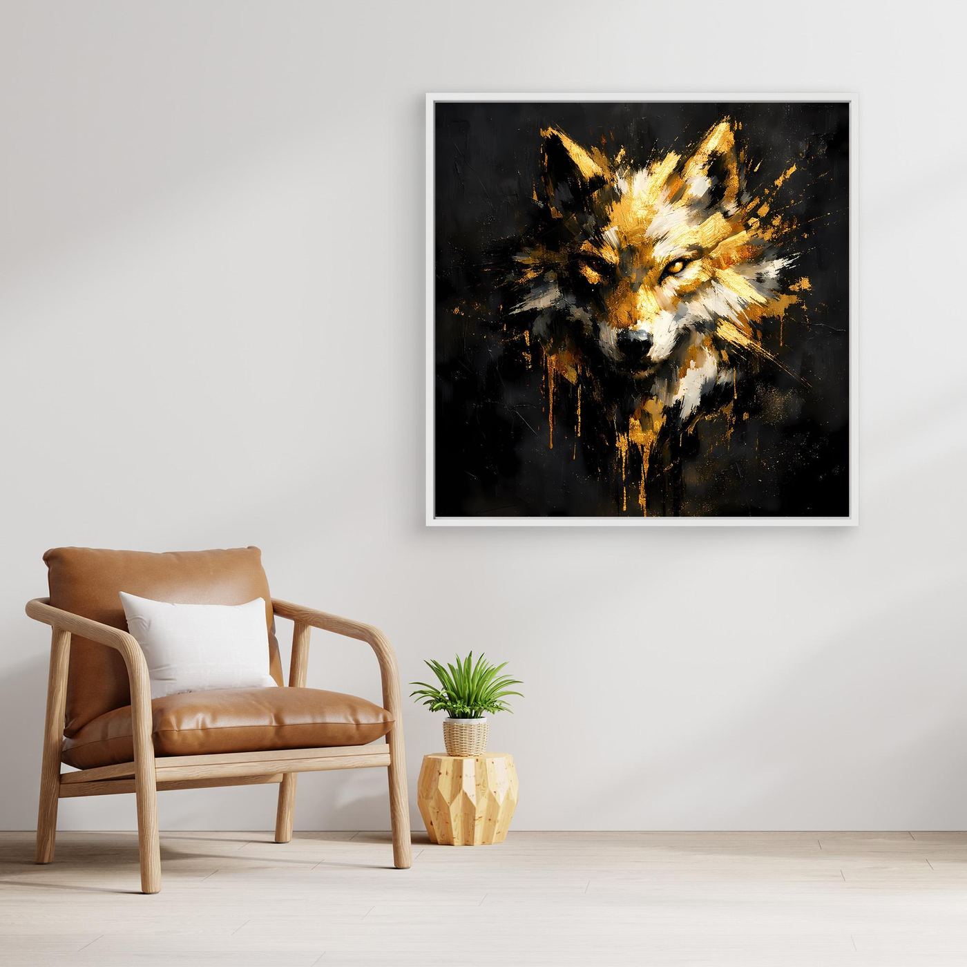 Leinwand Goldener Wolfskopf | Abstraktes Wildtier Wandbild Modern