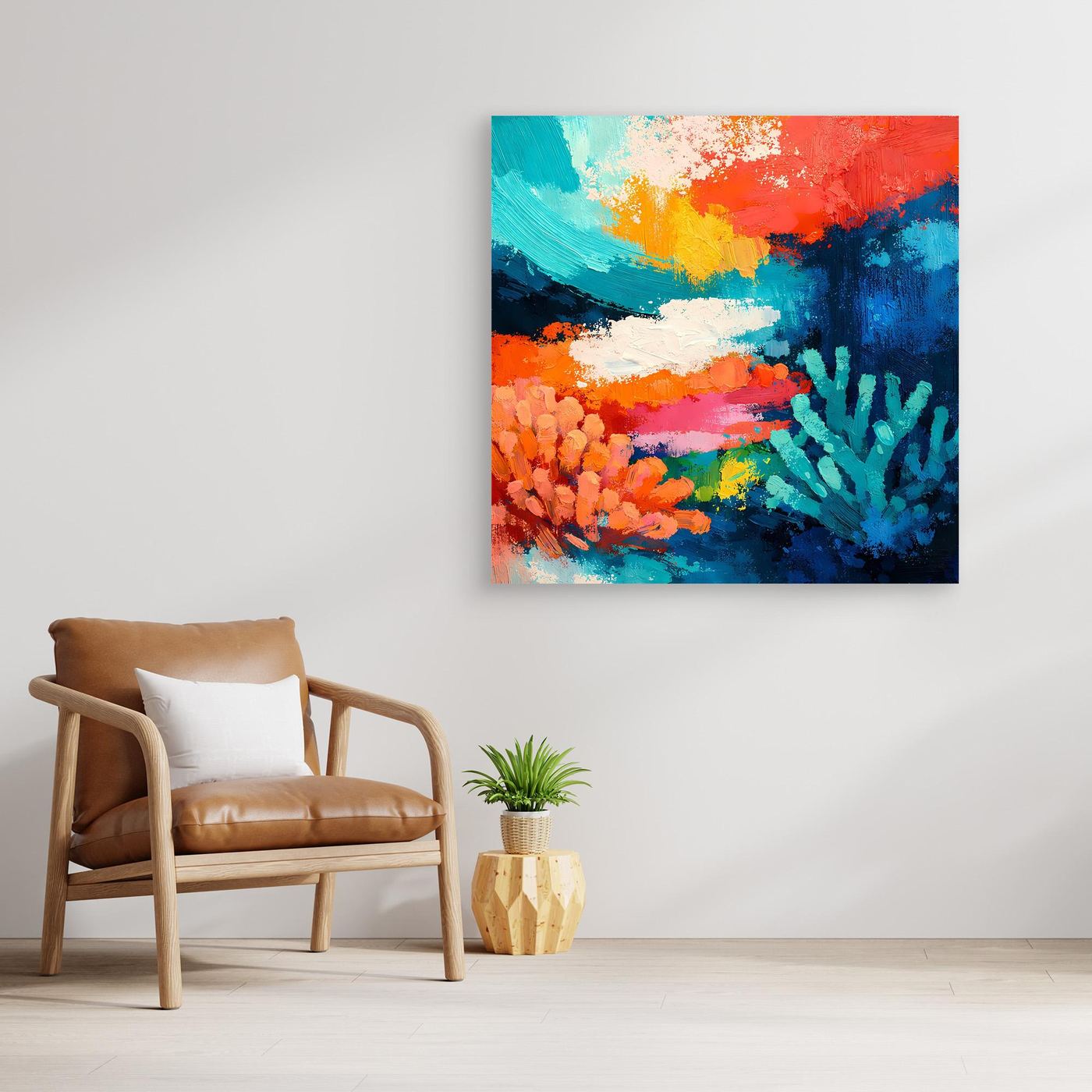 Abstraktes Leinwand-Wandbild mit Korallenriff-Motiv in Blau, Orange und Grün, mit schmalem Rahmen