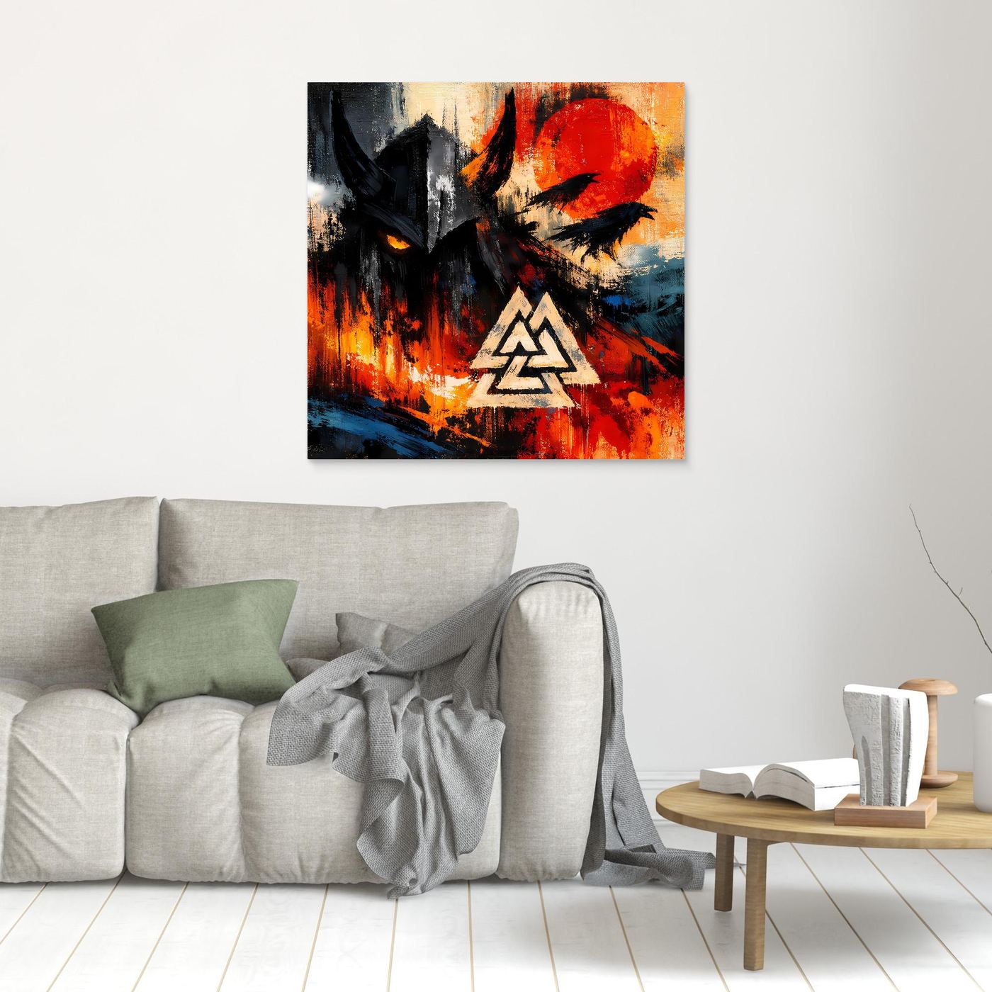 Kleines Leinwandbild ohne Rahmen mit schwarzem Vogel, roter Sonne und Valknut-Symbol