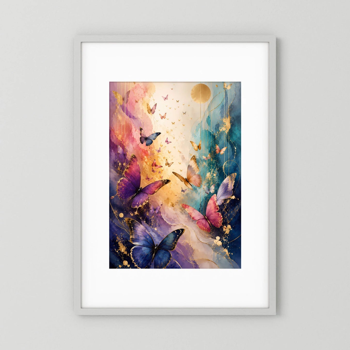 Gerahmtes Poster mit bunten Schmetterlingen, Blau, Rosa, Violett und goldenen Akzenten