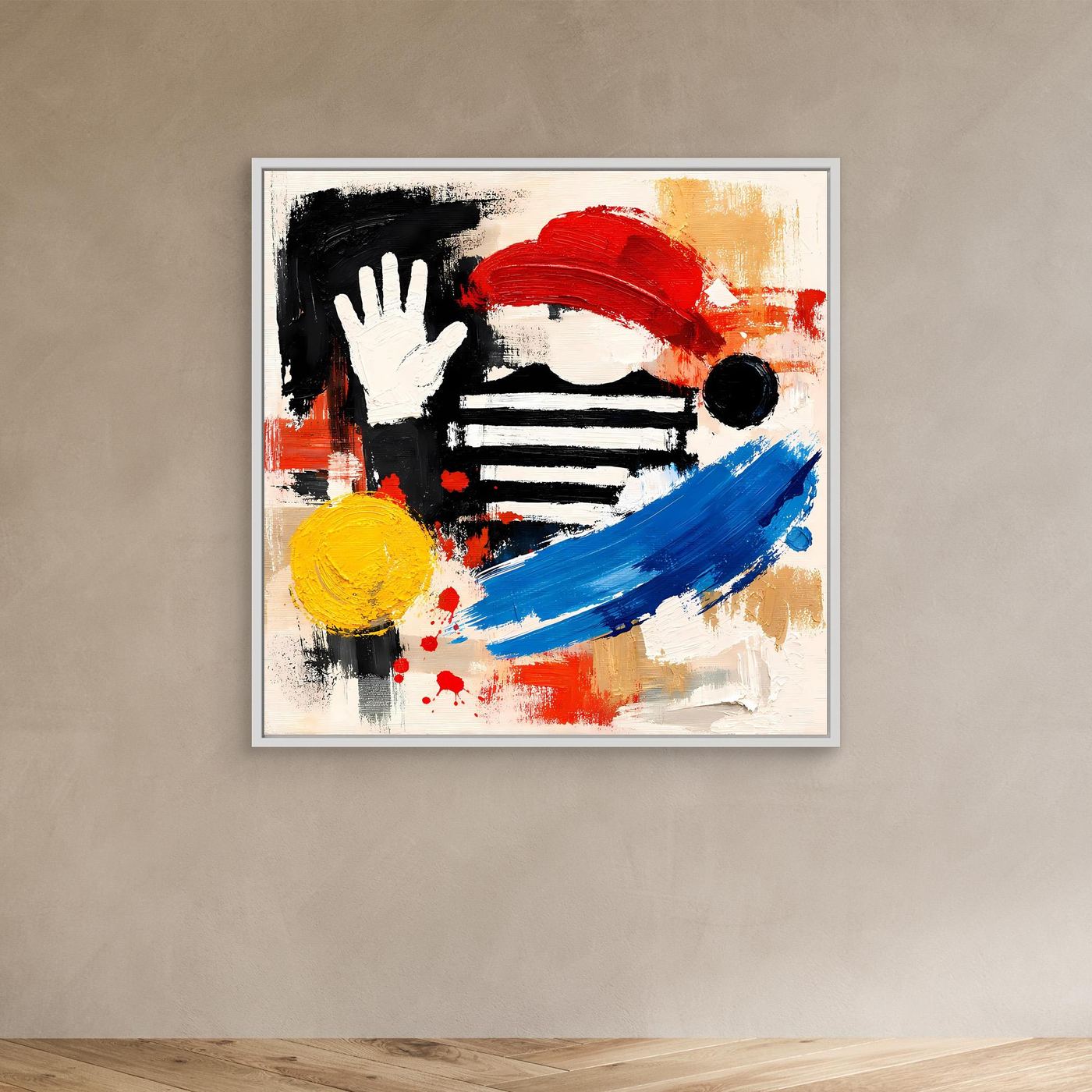 Small abstract canvas wall art in white frame with hand, red paint stroke, blue arc, yellow circle